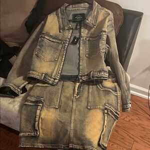 Ashley Stewart Two-Piece Distressed Denim Skirt Set in Washed Yellow/Black